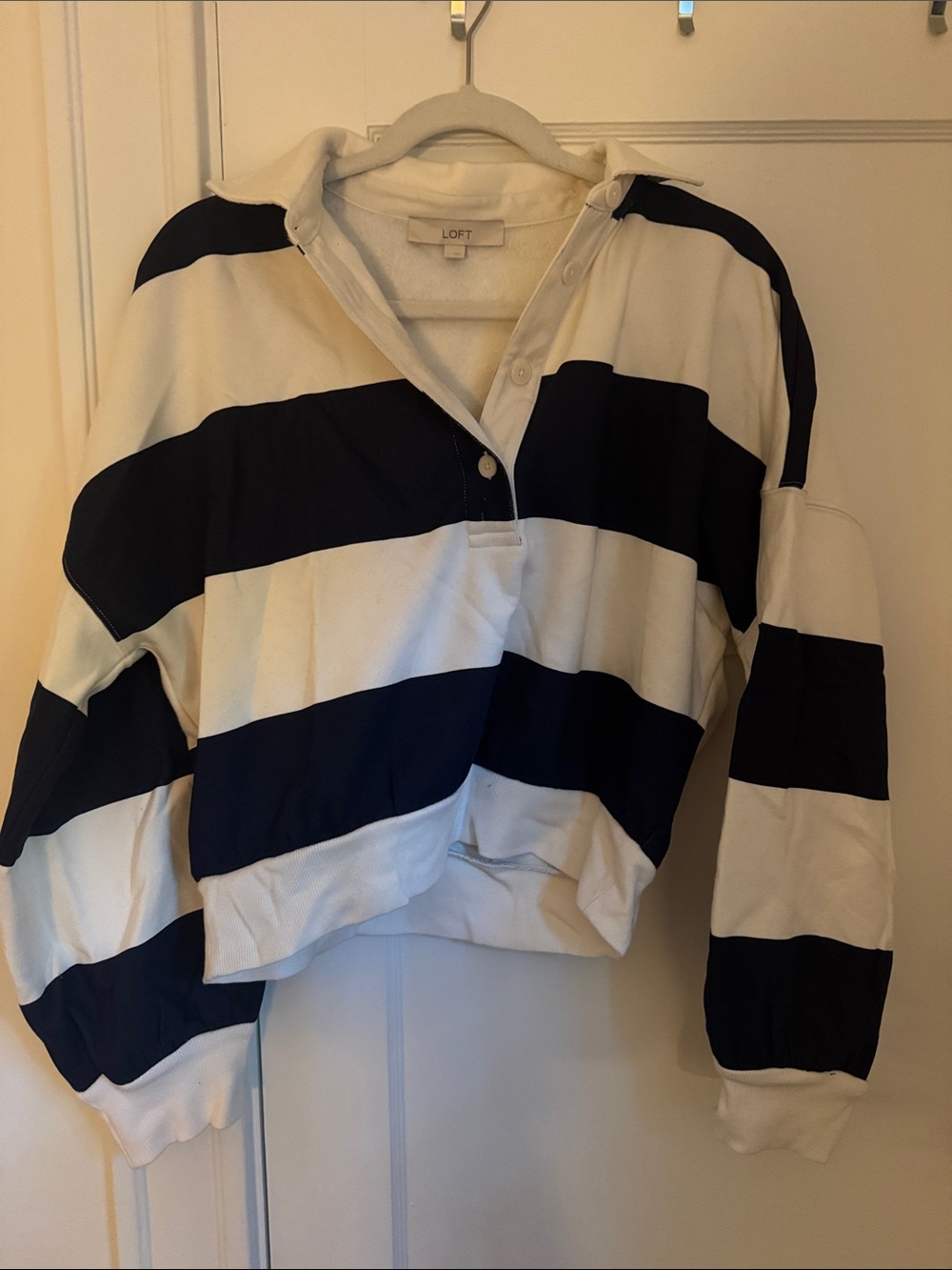 LOFT Navy and White Striped Rugby Pullover